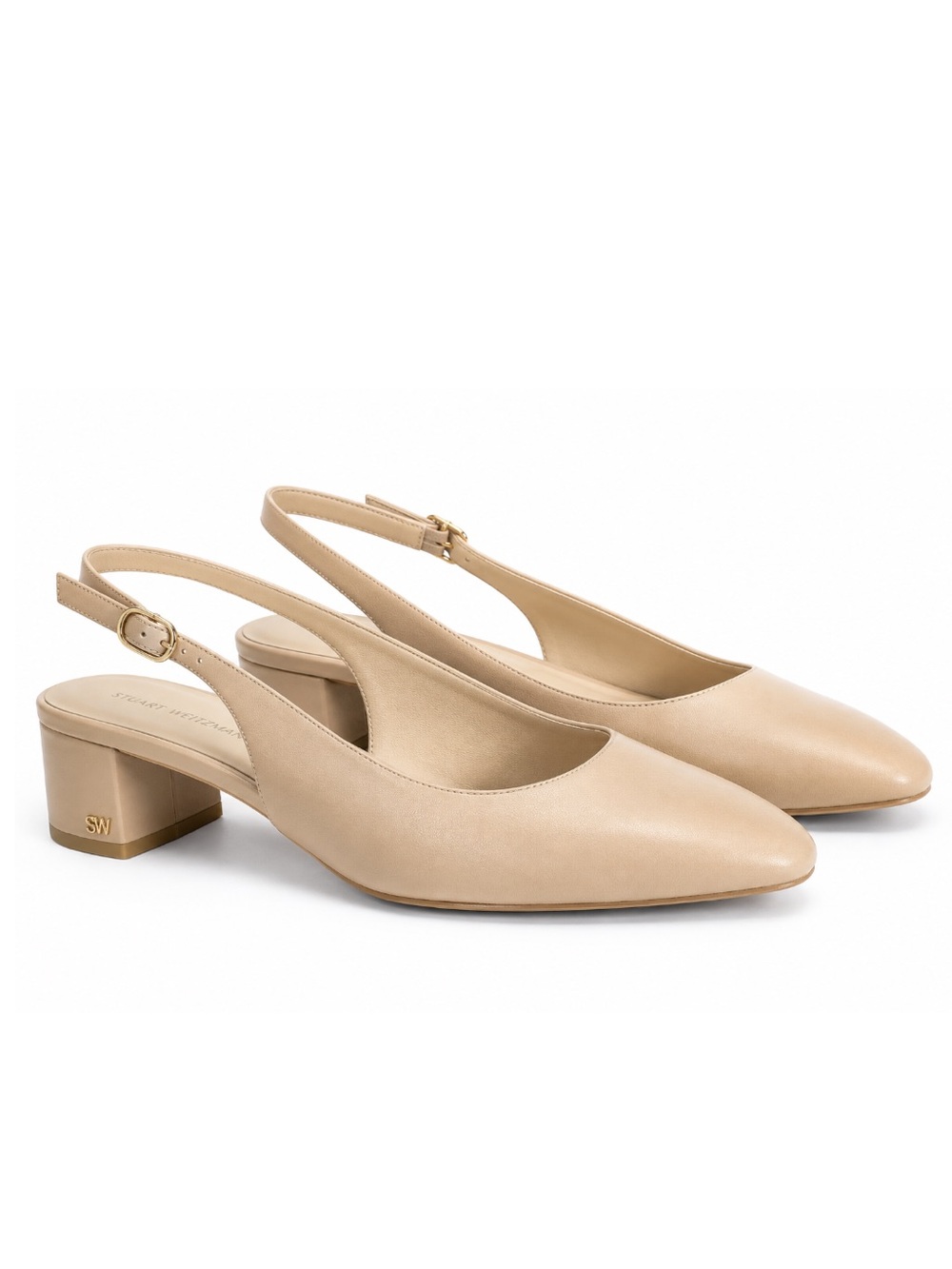 NWT Stuart Weitzman Bridget 50 Block Slingback Golden Beige Nappa Leather